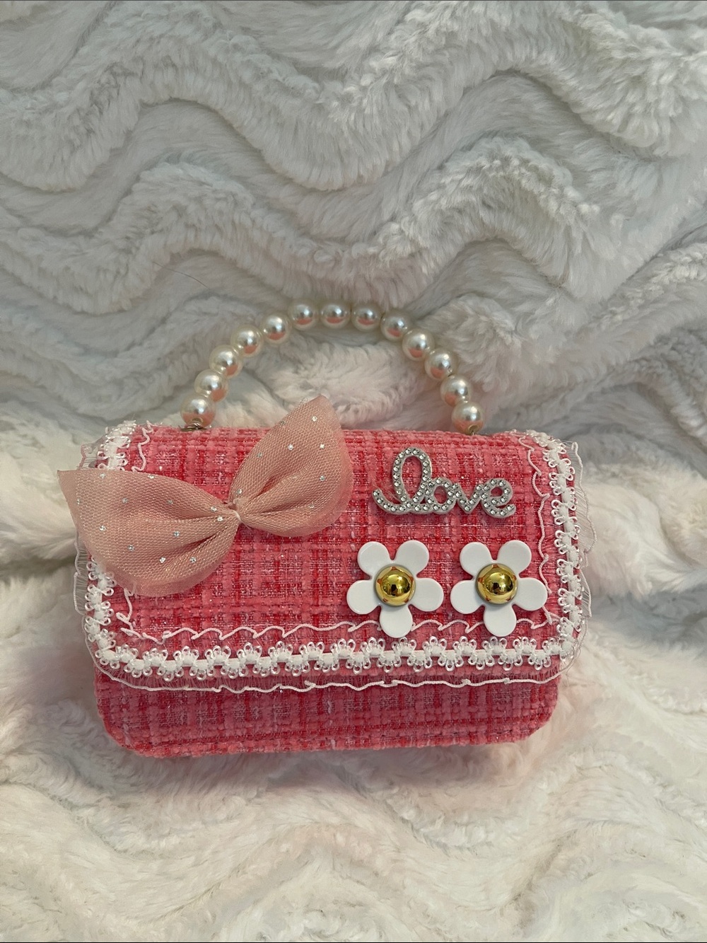 NWT Girl’s Pink Tweed Purse w/Faux Pearl Handle & Crossbody Chain